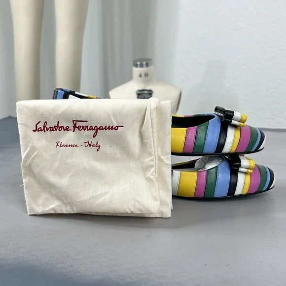 Salvatore Ferragamo Varina Rainbow Stripe Flats Bow Logo - Picture 10 of 13